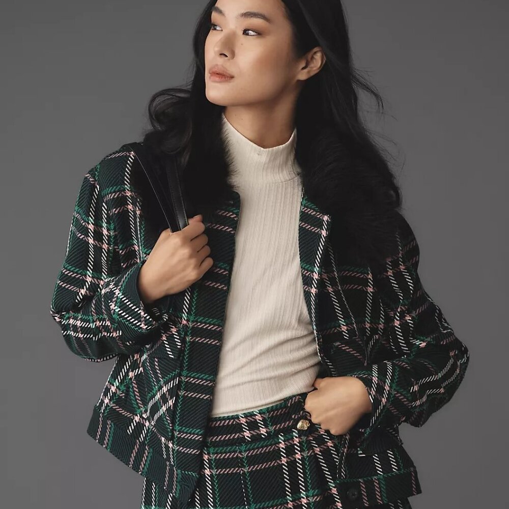 SOLD NWT Maeve Plaid crop Faux-Fur Collar Coat